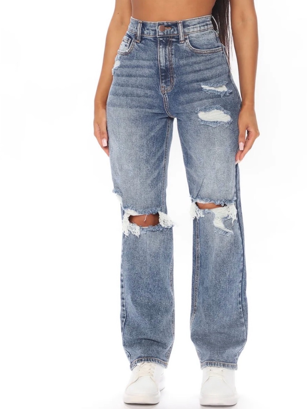 Fashion Nova Light Blue Distressed High-Rise Straight Leg Jeans